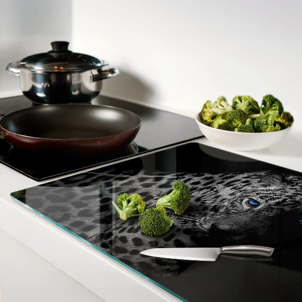 Tagliere in vetro con stampa di una pantera nera dagli occhi azzurri