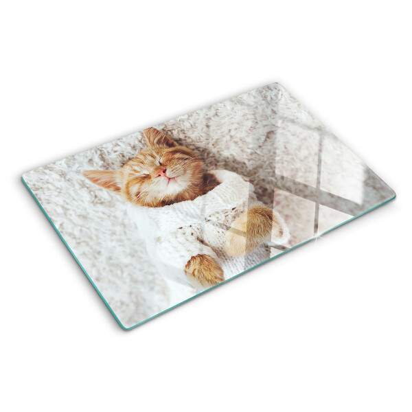 Tagliere in vetro temperato con stampa di un dolce gattino con maglioncino
