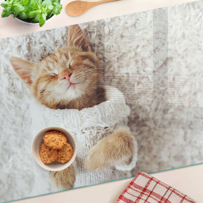 Tagliere in vetro temperato con stampa di un dolce gattino con maglioncino