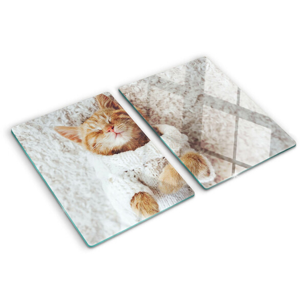 Tagliere in vetro temperato con stampa di un dolce gattino con maglioncino