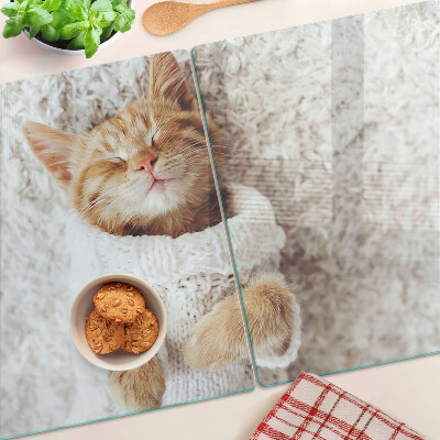 Tagliere in vetro temperato con stampa di un dolce gattino con maglioncino