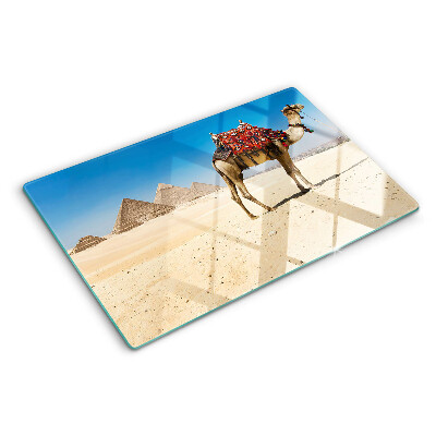 Tagliere in vetro temperato con stampa raffigurante piramidi e un cammello nel deserto