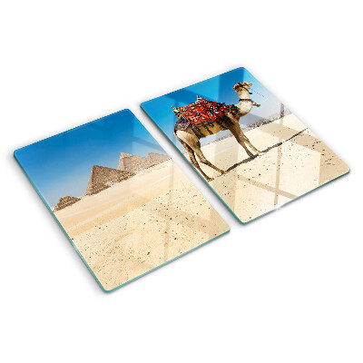 Tagliere in vetro temperato con stampa raffigurante piramidi e un cammello nel deserto