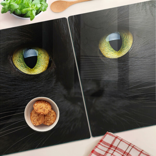 Tagliere in vetro con stampa di un gatto nero dagli occhi verdi
