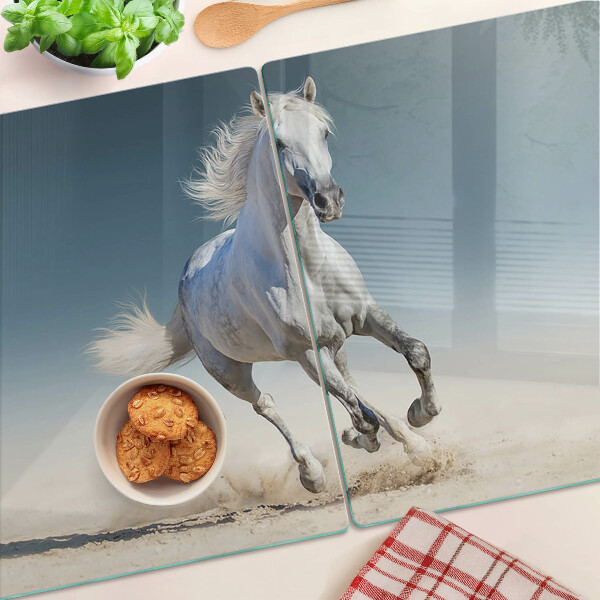 Tagliere in vetro con decorazione di un cavallo bianco in movimento