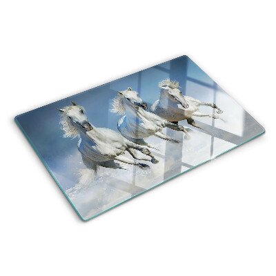 Tagliere in vetro temperato con decorazione di cavalli bianchi al galoppo