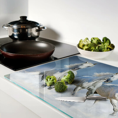 Tagliere in vetro temperato con decorazione di cavalli bianchi al galoppo