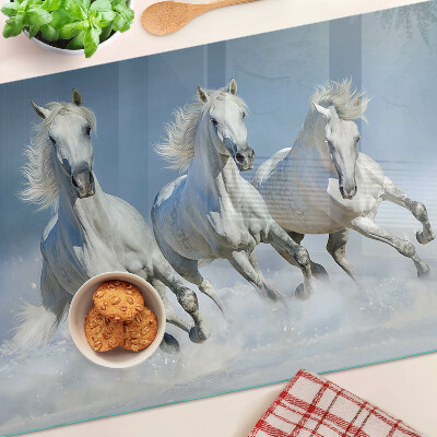 Tagliere in vetro temperato con decorazione di cavalli bianchi al galoppo
