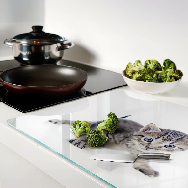 Tagliere in vetro temperato con stampa di un gattino dagli occhi azzurri