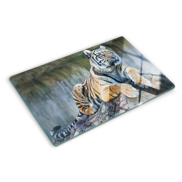 Tagliere in vetro con stampa di una tigre su un tronco d'albero