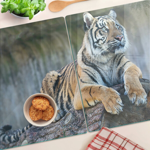 Tagliere in vetro con stampa di una tigre su un tronco d'albero