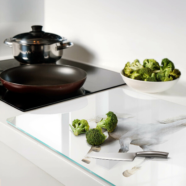 Tagliere in vetro temperato con stampa di un cavallo bianco in movimento