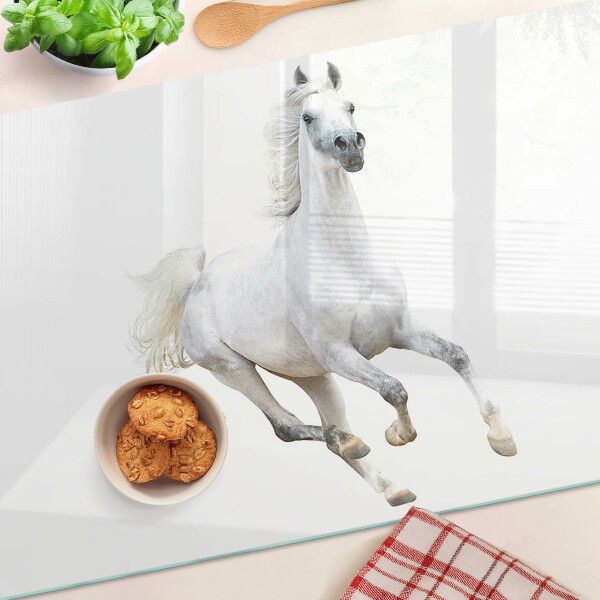 Tagliere in vetro temperato con stampa di un cavallo bianco in movimento