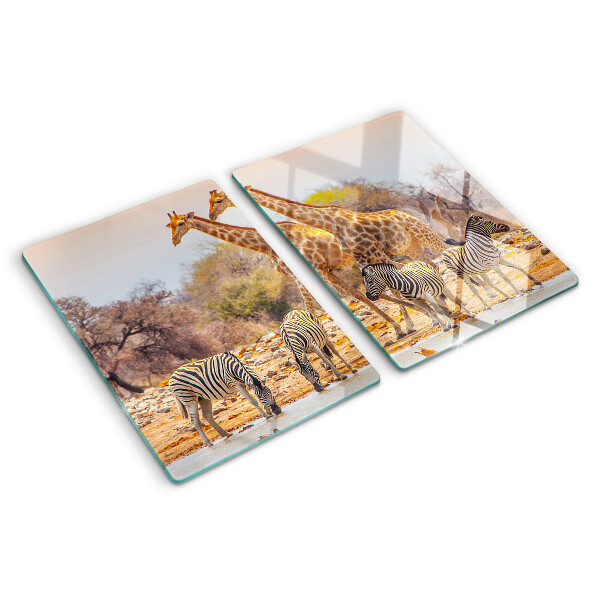 Tagliere in vetro temperato con stampa raffigurante zebra e giraffa nel loro ambiente naturale