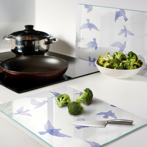 Tagliere in vetro con decorazione di uccelli nei toni del blu