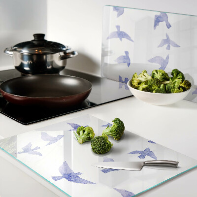 Tagliere in vetro con decorazione di uccelli nei toni del blu