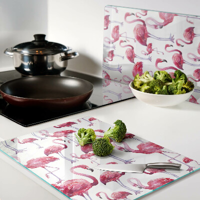 Tagliere in vetro temperato con stampa di fenicotteri su sfondo bianco