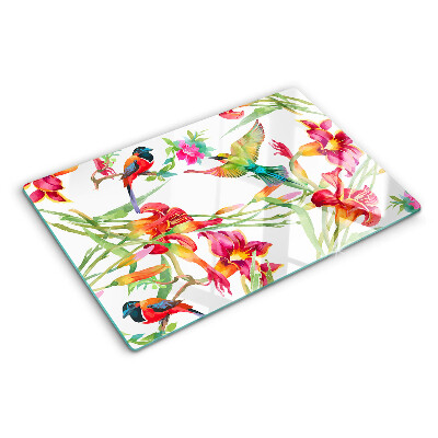 Tagliere in vetro temperato con decorazione a fiori e uccelli esotici