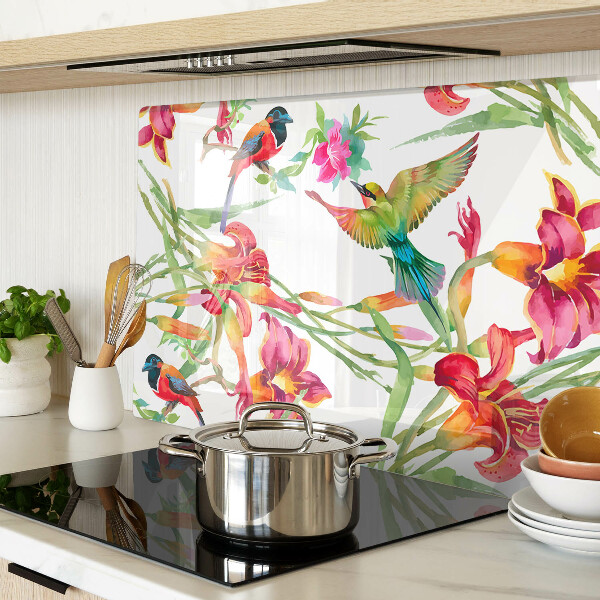 Tagliere in vetro temperato con decorazione a fiori e uccelli esotici