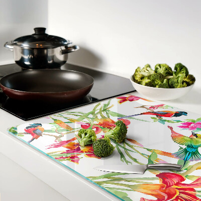 Tagliere in vetro temperato con decorazione a fiori e uccelli esotici