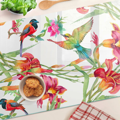 Tagliere in vetro temperato con decorazione a fiori e uccelli esotici
