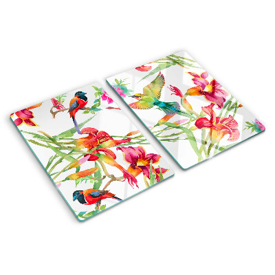 Tagliere in vetro temperato con decorazione a fiori e uccelli esotici