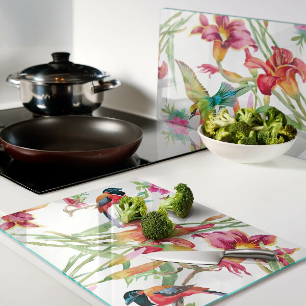 Tagliere in vetro temperato con decorazione a fiori e uccelli esotici