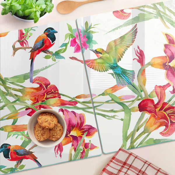 Tagliere in vetro temperato con decorazione a fiori e uccelli esotici