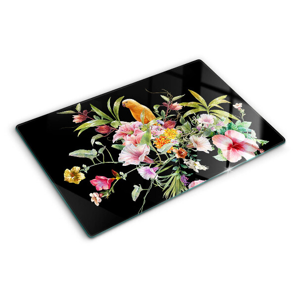Tagliere in vetro temperato con decorazione a fiori e uccelli