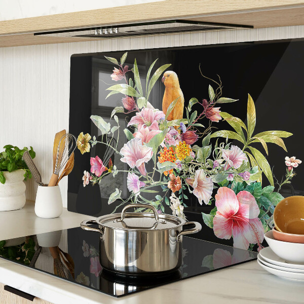 Tagliere in vetro temperato con decorazione a fiori e uccelli