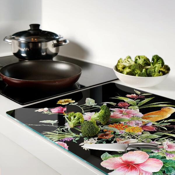 Tagliere in vetro temperato con decorazione a fiori e uccelli