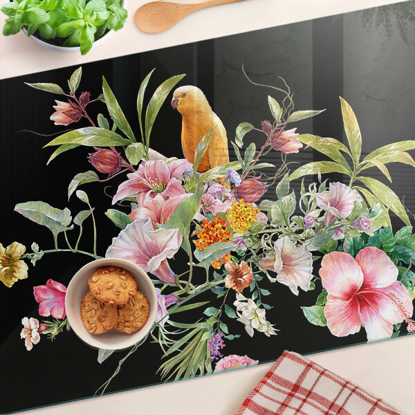 Tagliere in vetro temperato con decorazione a fiori e uccelli