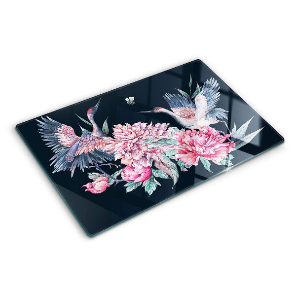 Tagliere in vetro con decorazione di fiori e uccelli