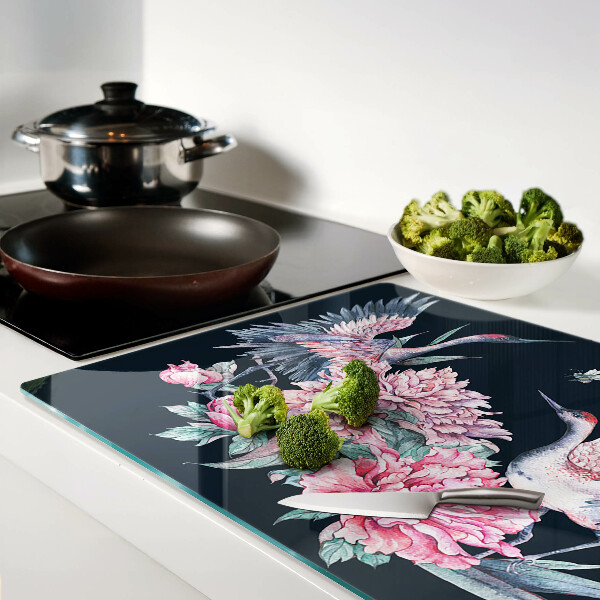 Tagliere in vetro con decorazione di fiori e uccelli