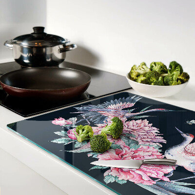 Tagliere in vetro con decorazione di fiori e uccelli