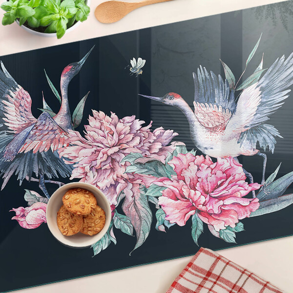 Tagliere in vetro con decorazione di fiori e uccelli