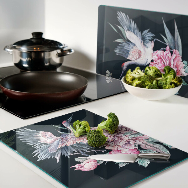 Tagliere in vetro con decorazione di fiori e uccelli