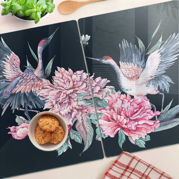 Tagliere in vetro con decorazione di fiori e uccelli