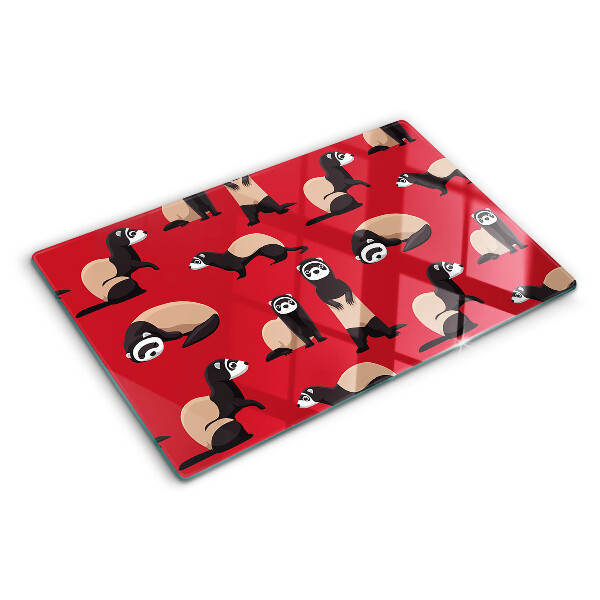 Tagliere in vetro temperato con stampa di furetti su sfondo rosso