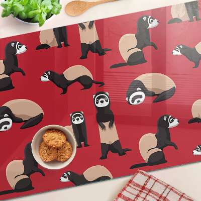 Tagliere in vetro temperato con stampa di furetti su sfondo rosso