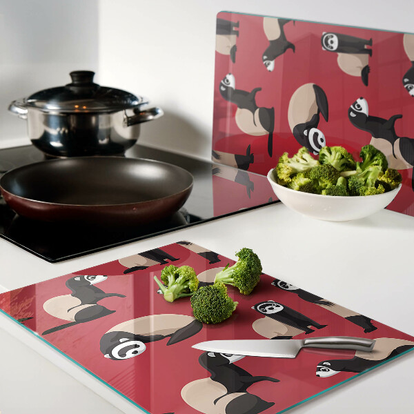 Tagliere in vetro temperato con stampa di furetti su sfondo rosso