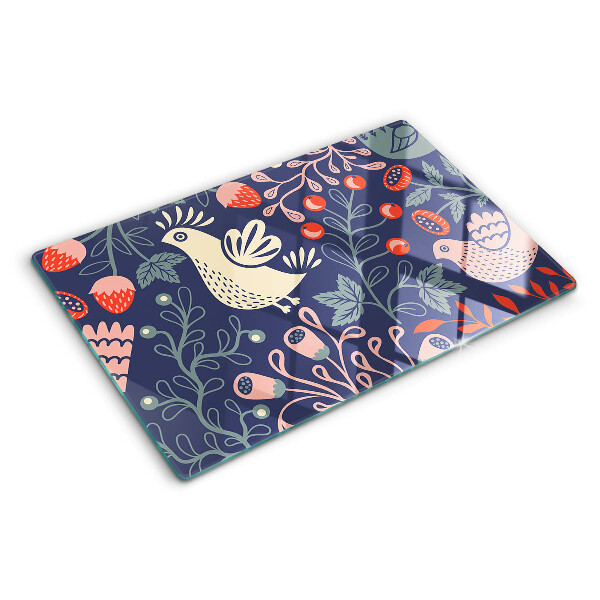 Tagliere in vetro temperato con decorazione di uccelli e frutti in stile folk