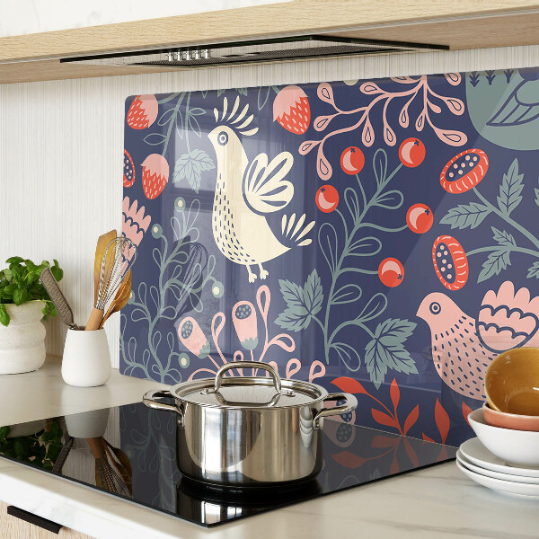 Tagliere in vetro temperato con decorazione di uccelli e frutti in stile folk