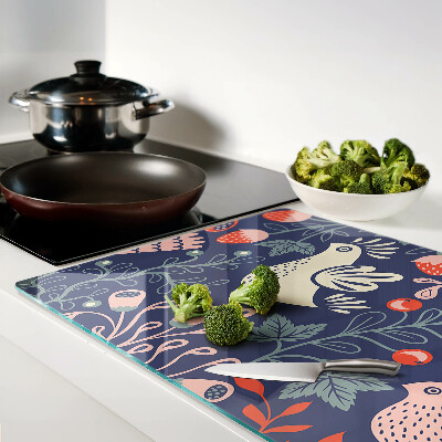 Tagliere in vetro temperato con decorazione di uccelli e frutti in stile folk