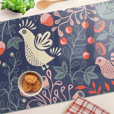 Tagliere in vetro temperato con decorazione di uccelli e frutti in stile folk