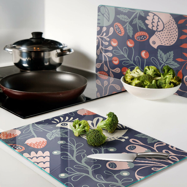 Tagliere in vetro temperato con decorazione di uccelli e frutti in stile folk