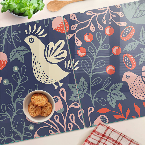 Tagliere in vetro temperato con decorazione di uccelli e frutti in stile folk