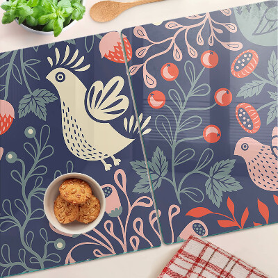 Tagliere in vetro temperato con decorazione di uccelli e frutti in stile folk