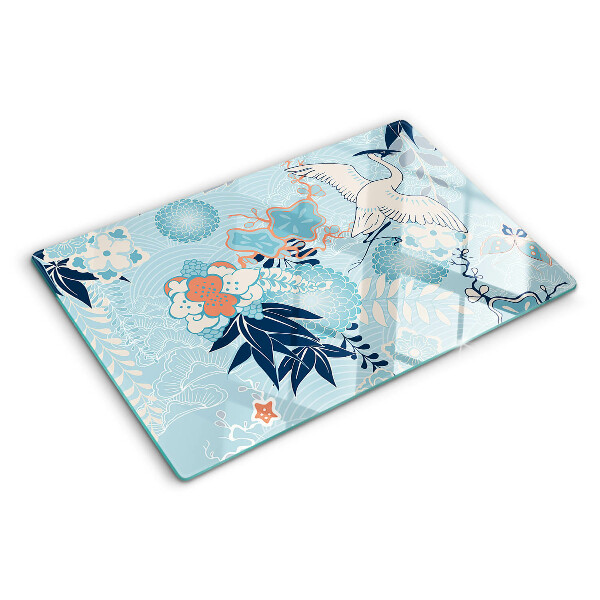 Tagliere in vetro con stampa di fiori e uccelli in stile orientale