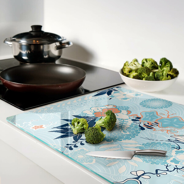 Tagliere in vetro con stampa di fiori e uccelli in stile orientale